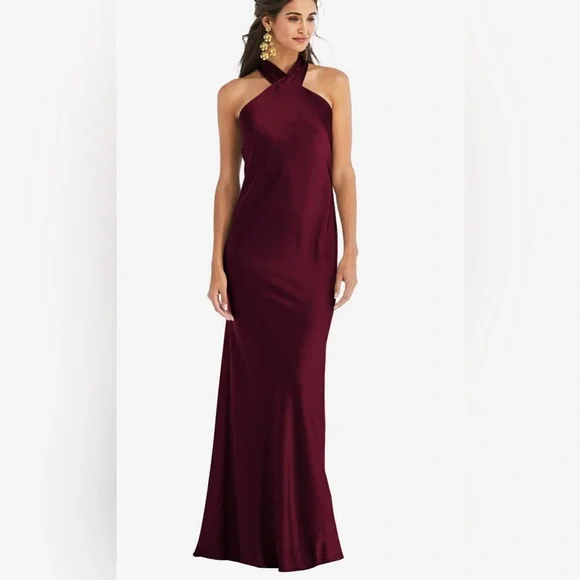 DRAPED TWIST HALTER TIE-BACK TRUMPET GOWN IN CABERNET - Picture 1 of 3